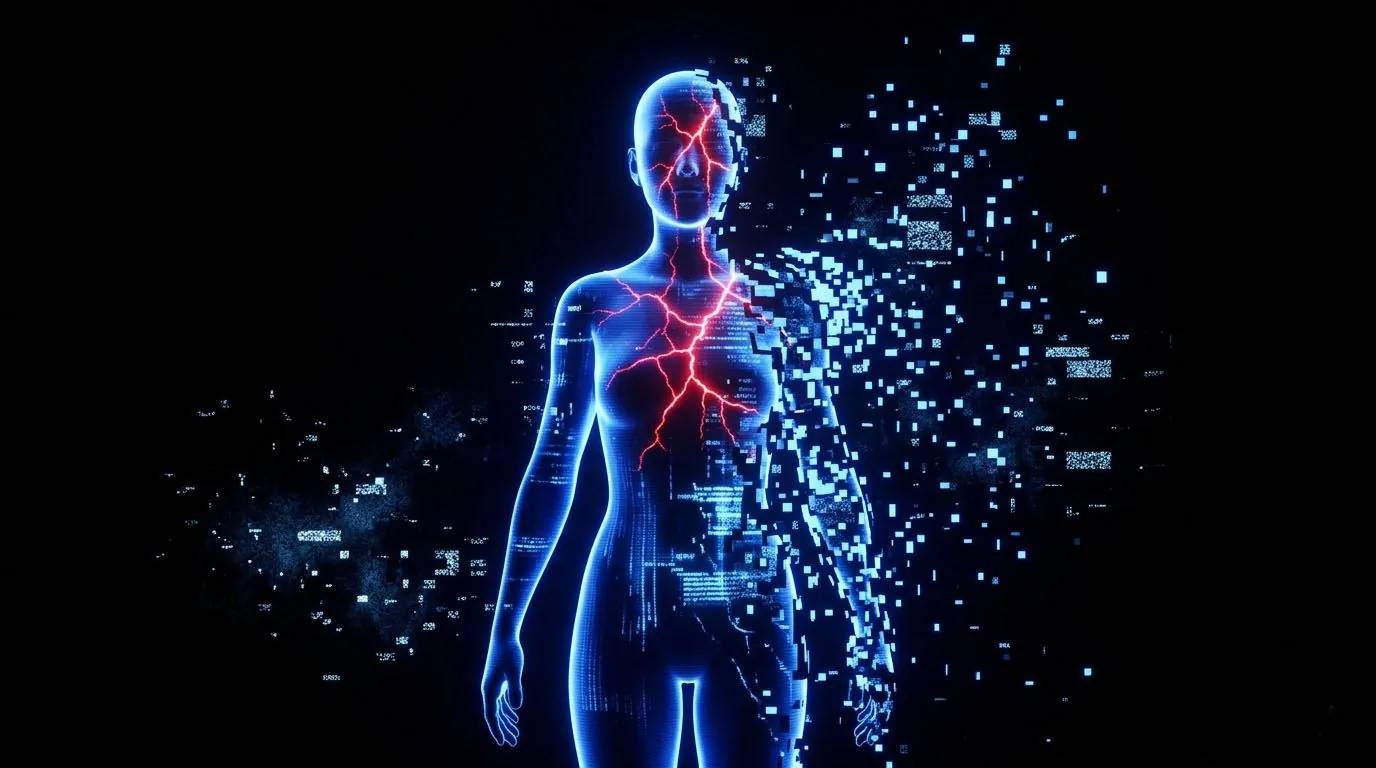 Builder.ai Natasha avatar dissolving into static, conceptual collapse imagery