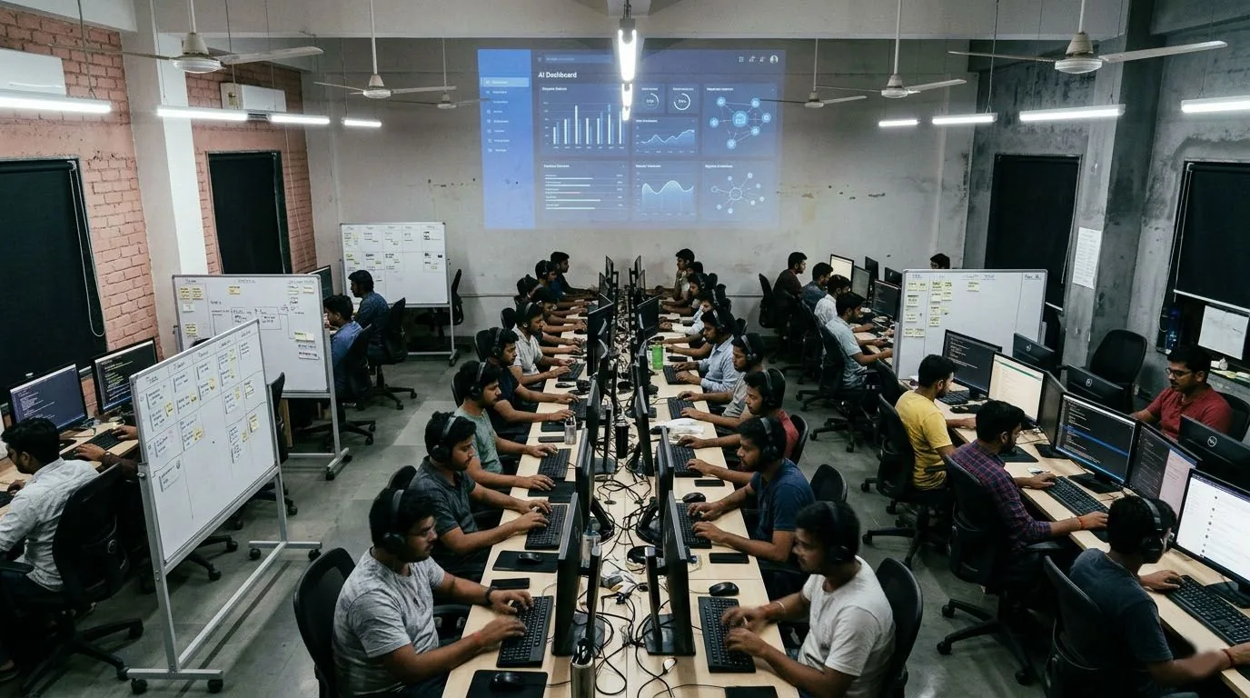 Indian engineers typing code while AI marketing dashboard glows above