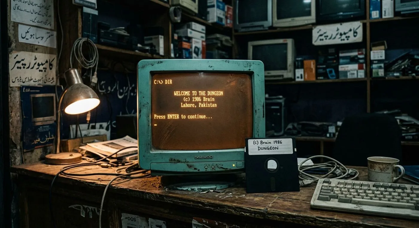 Brain Virus 1986 CRT monitor and floppy disk